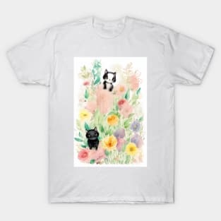 Black Cats in the Flower Garden Soft Pastel Colors T-Shirt